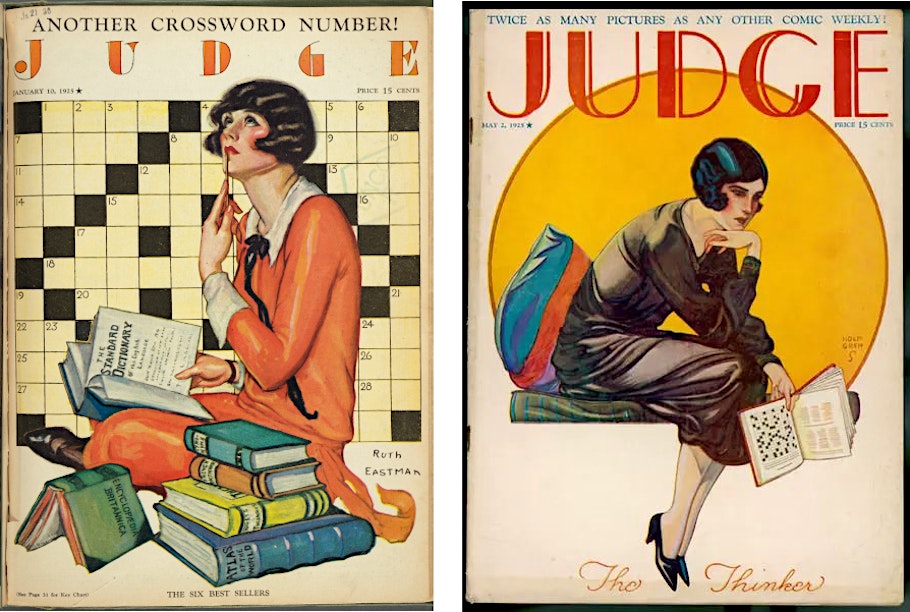 Two magazine covers, each showing women in thinking poses solving crossword puzzles