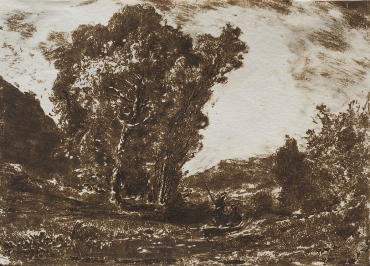 Monochrome image of a natural setting with dense trees on the left, open sky, and two figures resting beside a watercourse