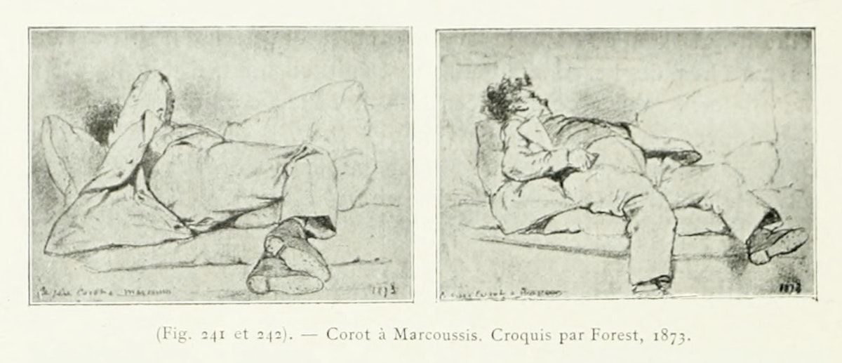 Two side-by-side sketches depicting reclining figures