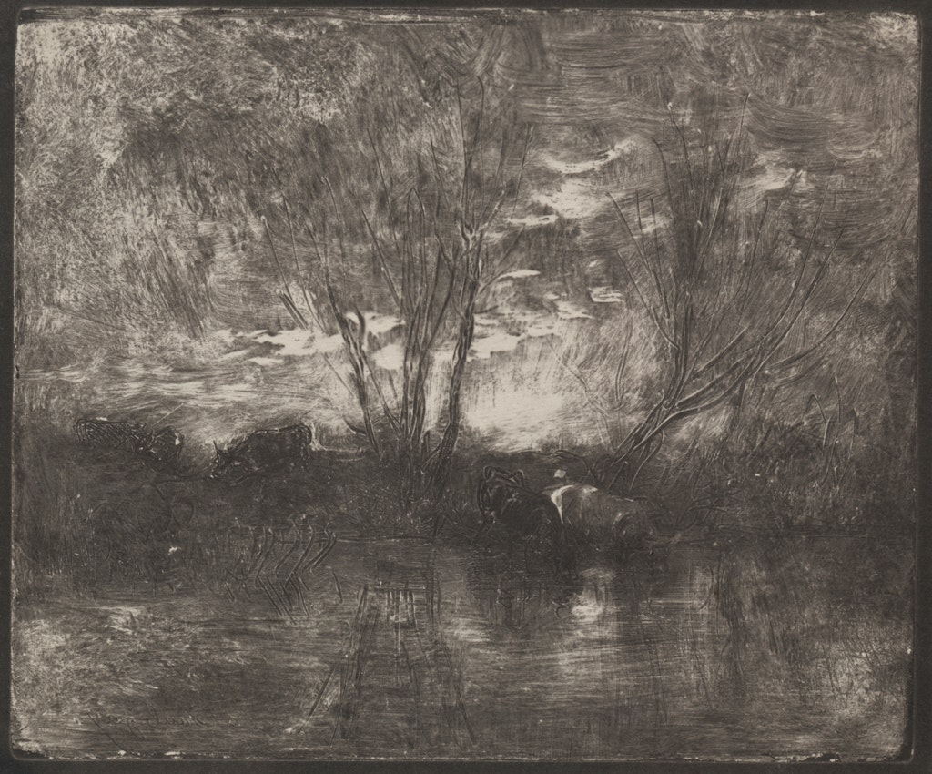 Moody etched artwork of a riverbank scene, highlighting silhouetted trees and reflective water with a textured sky