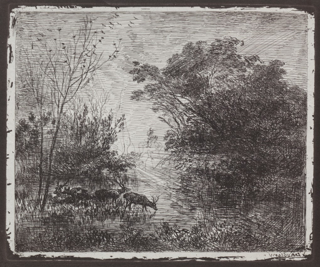 Intricate black and white print depicting birds in flight over dense shrubbery with deer grazing, in a cross-hatched style
