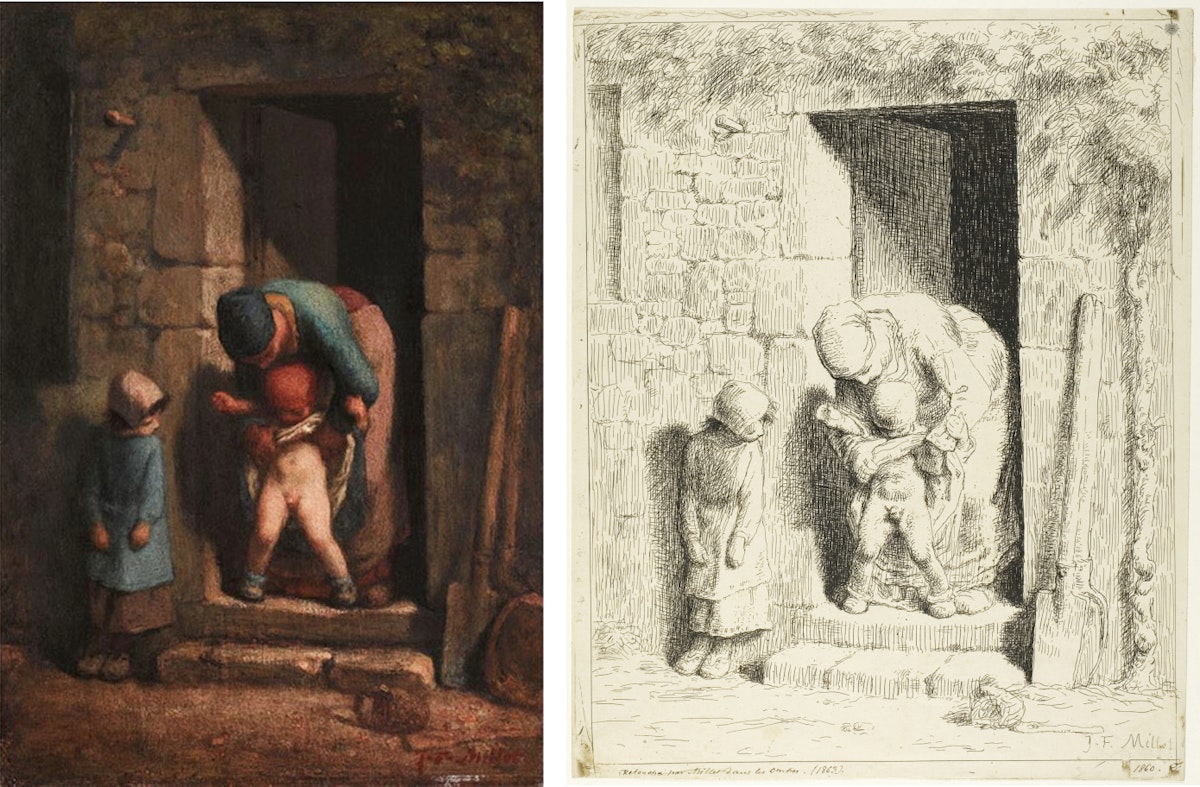 Painting depicting a mother bending down to adjust her child's clothing at a doorway with another child looking on paired with its reproduction in cliché-verre