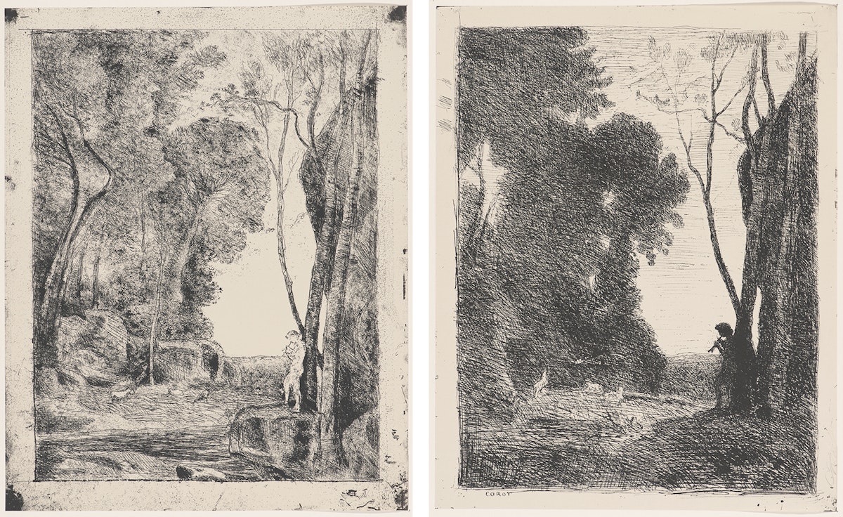 Paired artwork showing tranquil forest landscapes with human figures, executed in fine etching lines, highlighting contrasts between light and dark areas
