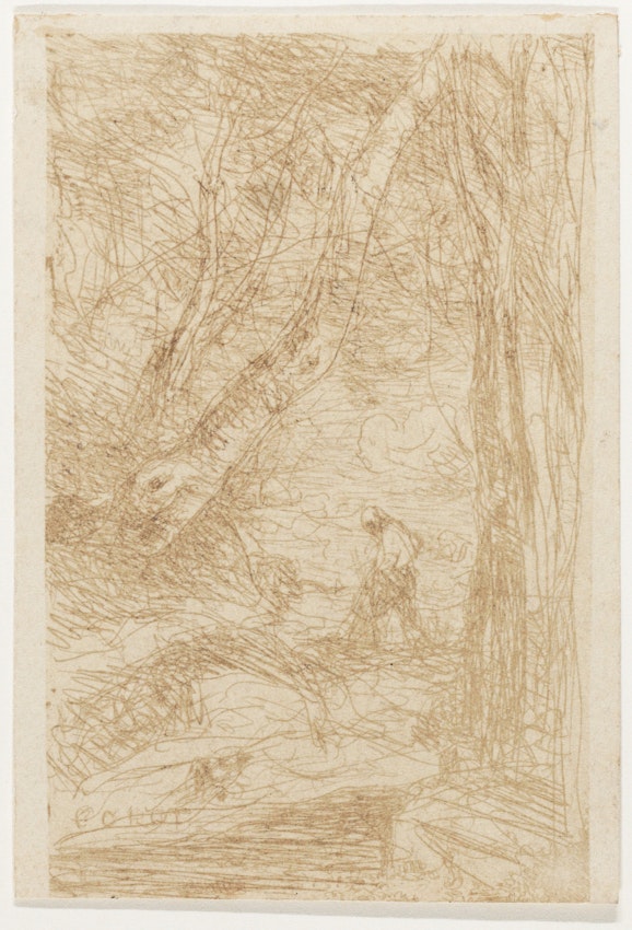 Sketchy lines depict a wooded landscape with a central figure standing by a stream, surrounded by overhanging trees