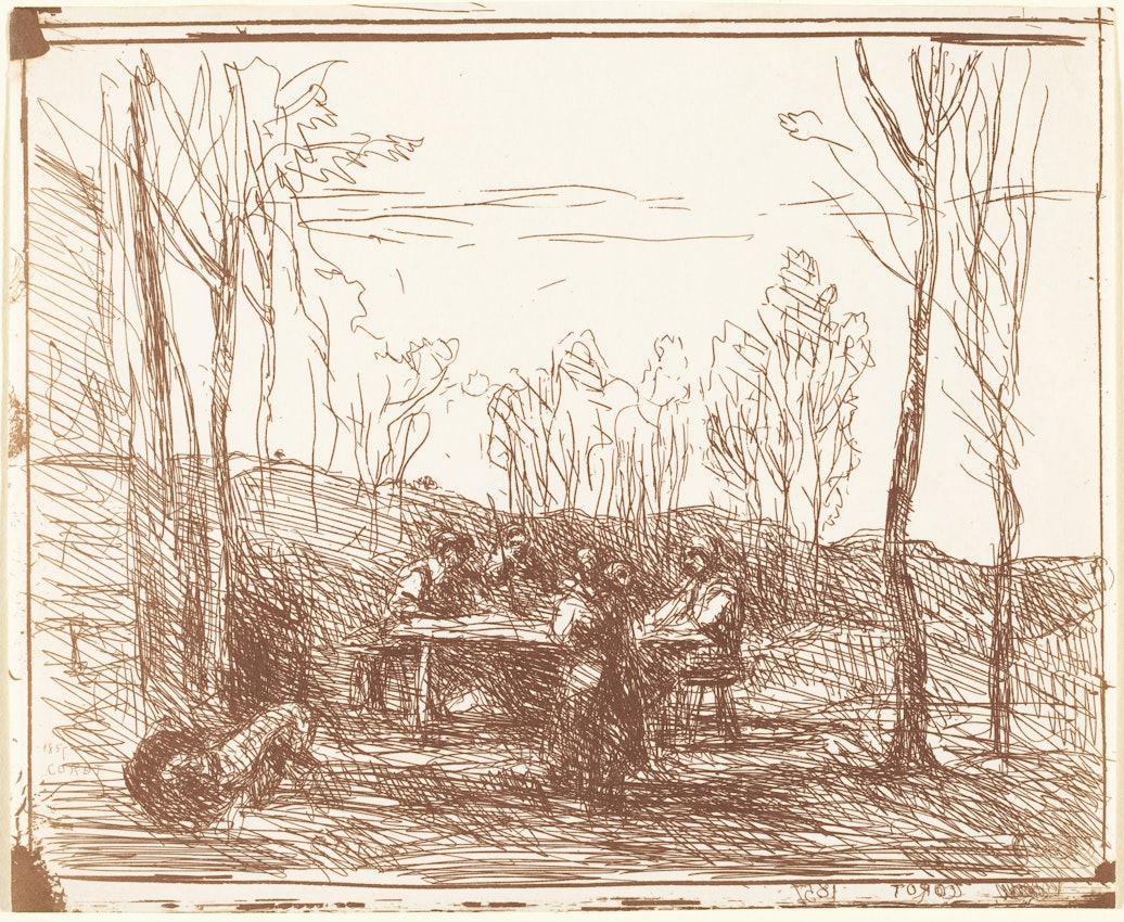 Sketchy lines depict a outdoor lunch scene