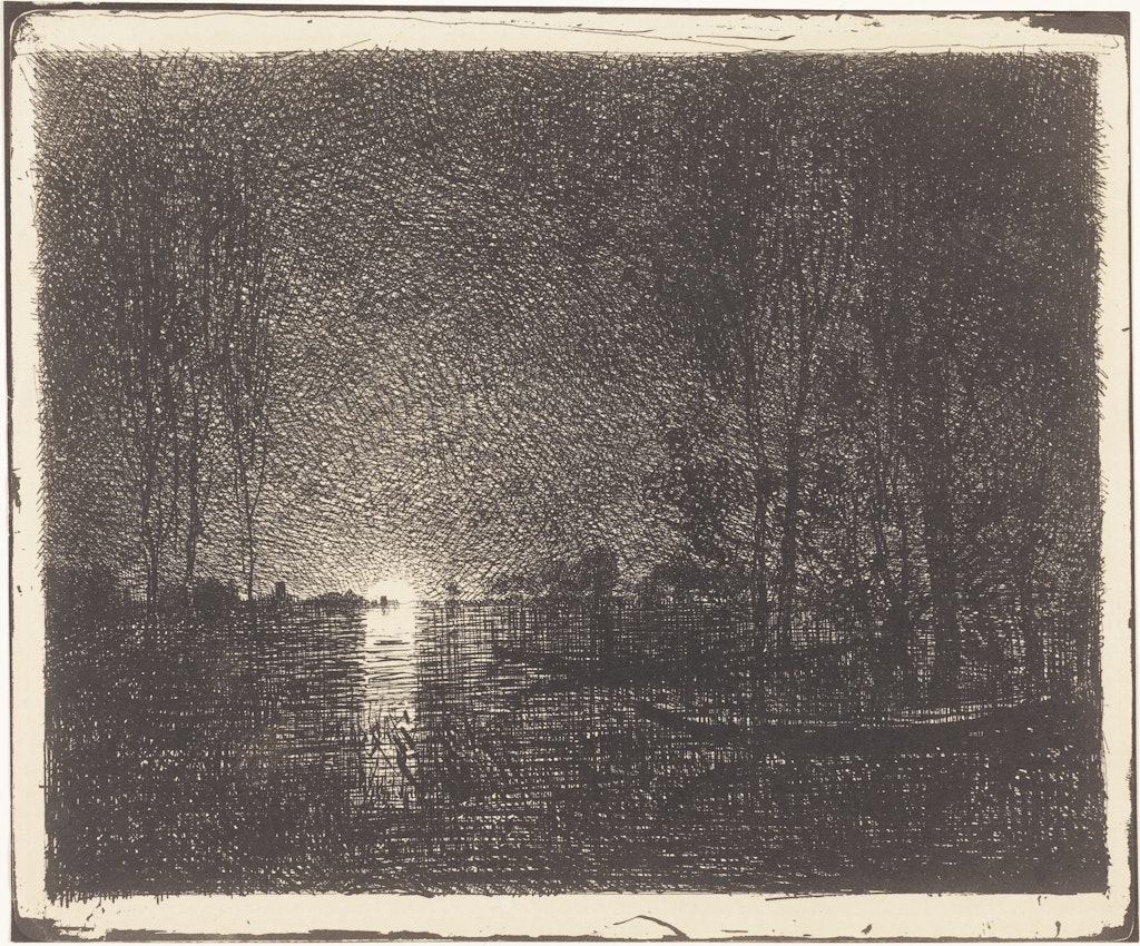 A tranquil lakeside at night, with silhouetted trees against moonlight reflected on the water's surface