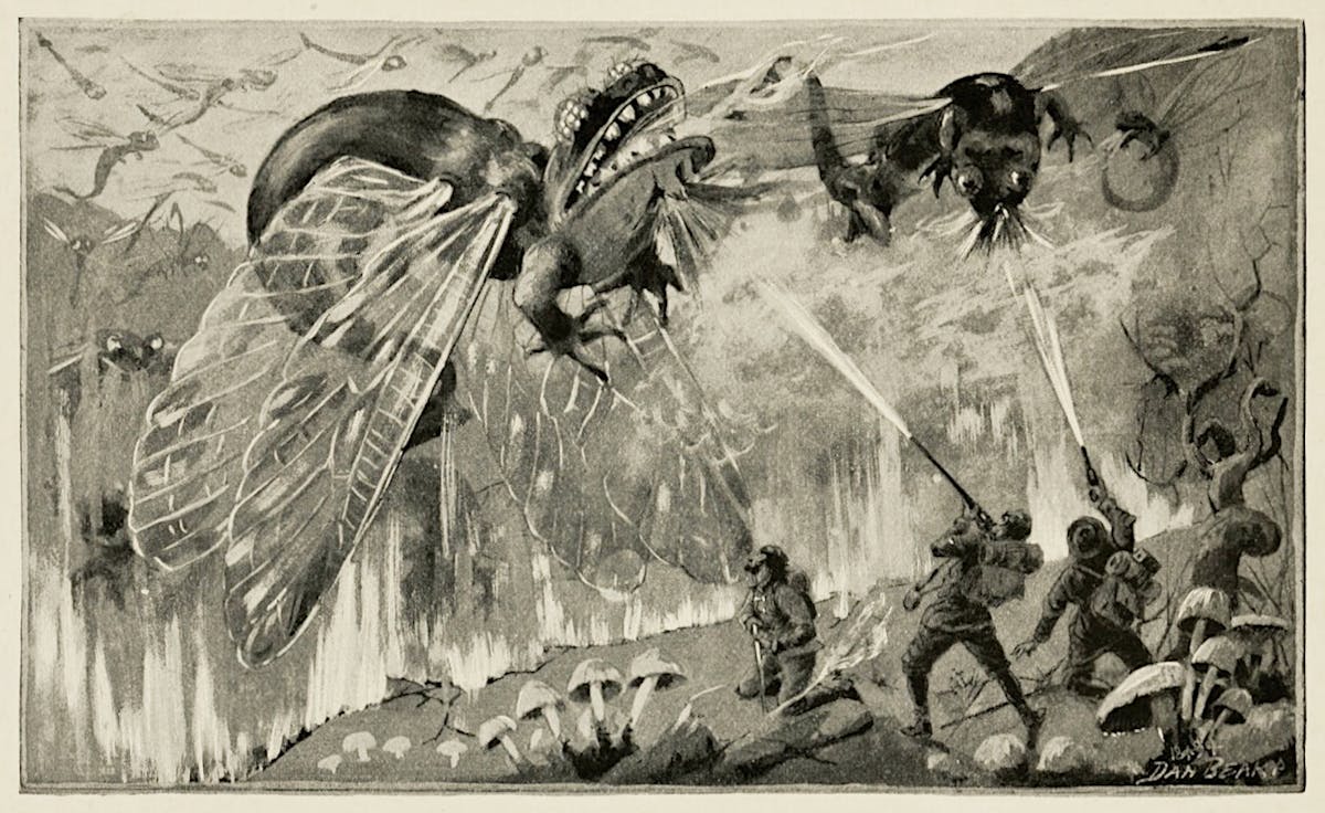 Four soldiers shoot two winged dragons descending from the sky