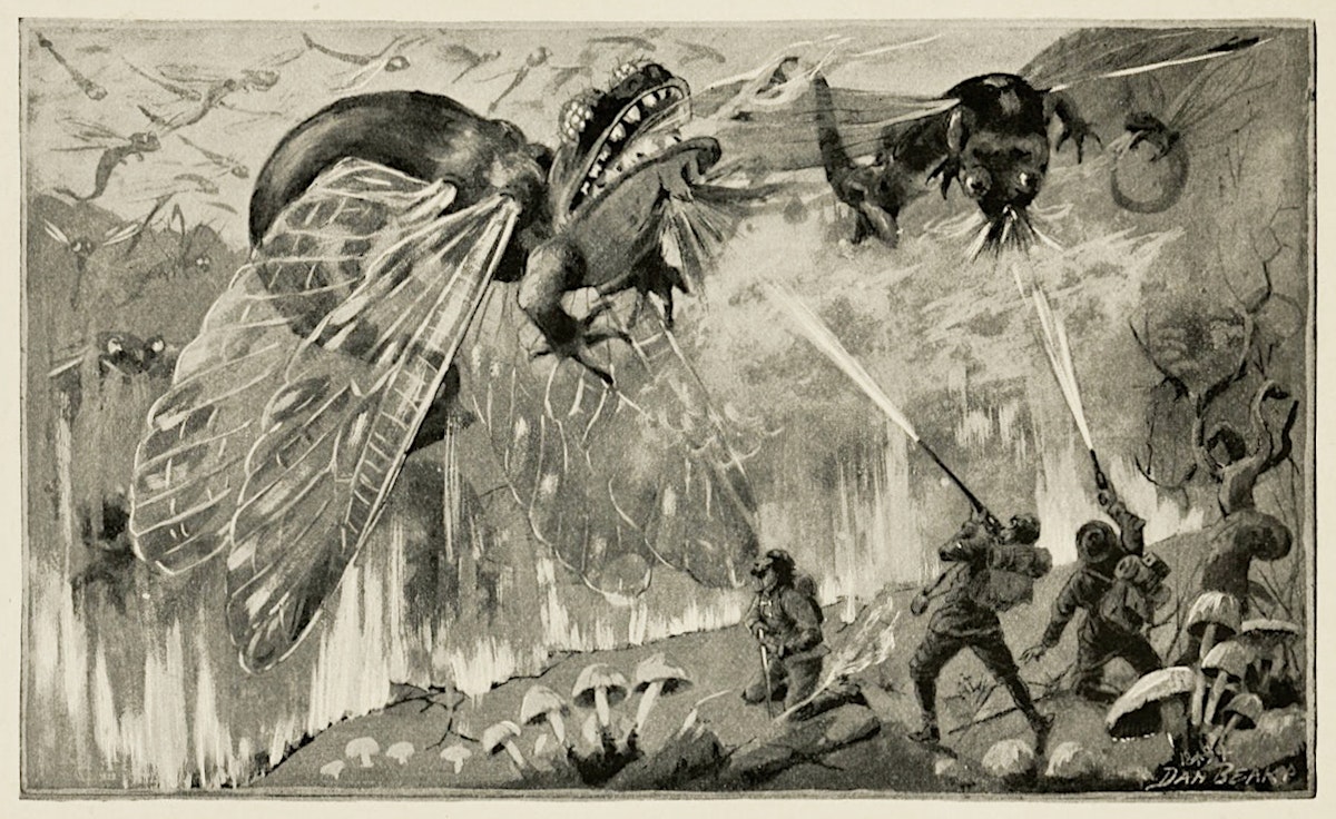 Four soldiers shoot two winged dragons descending from the sky