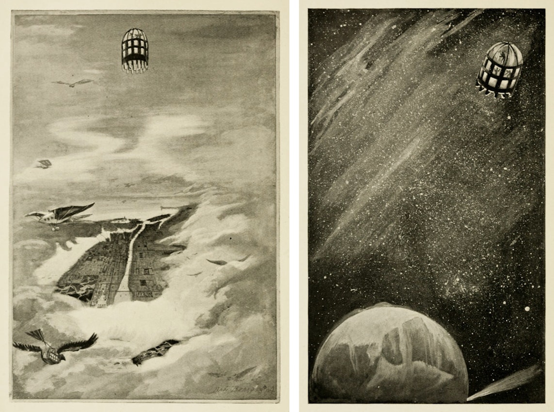One illustration shows the capsule craft flying through the clouds and another shows it flying through space