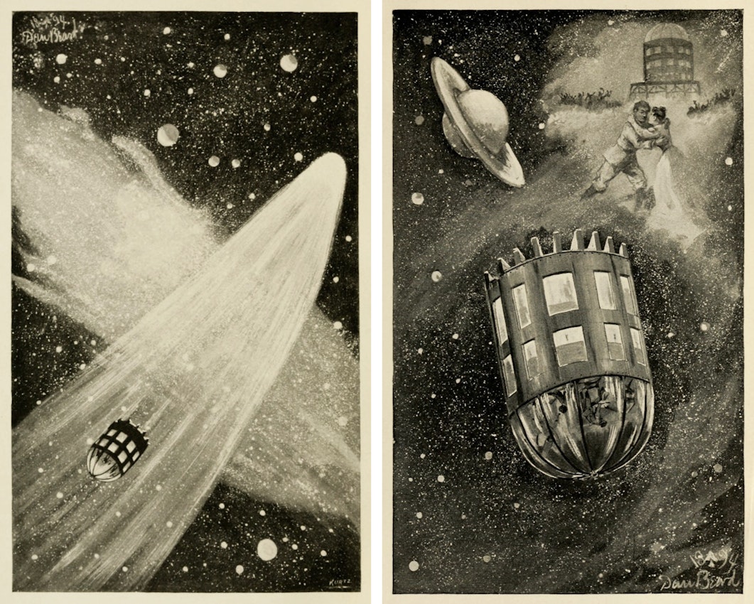 One illustration shows the capsule craft flying in the tail of a comet and another shows the craft flying through space with a vignette of a man and woman embracing