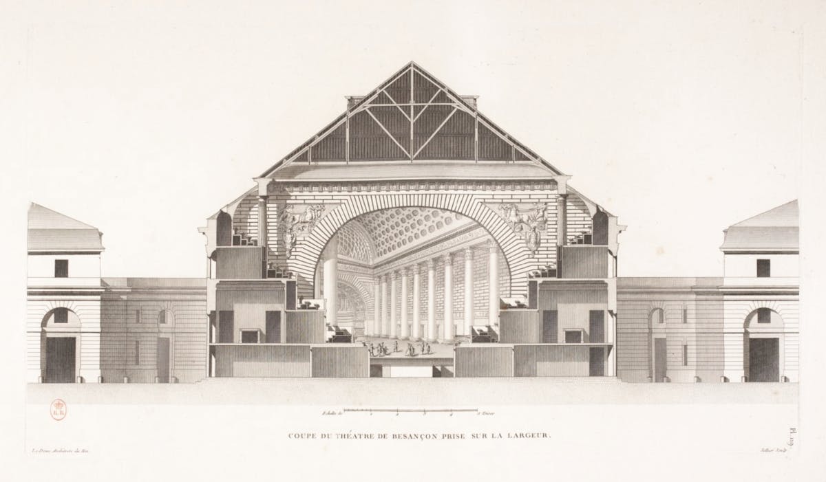 Architectural cross-section drawing of Besançon Theatre showing the main hall with columns, domed ceiling, and stepped side rooms flanking the central space