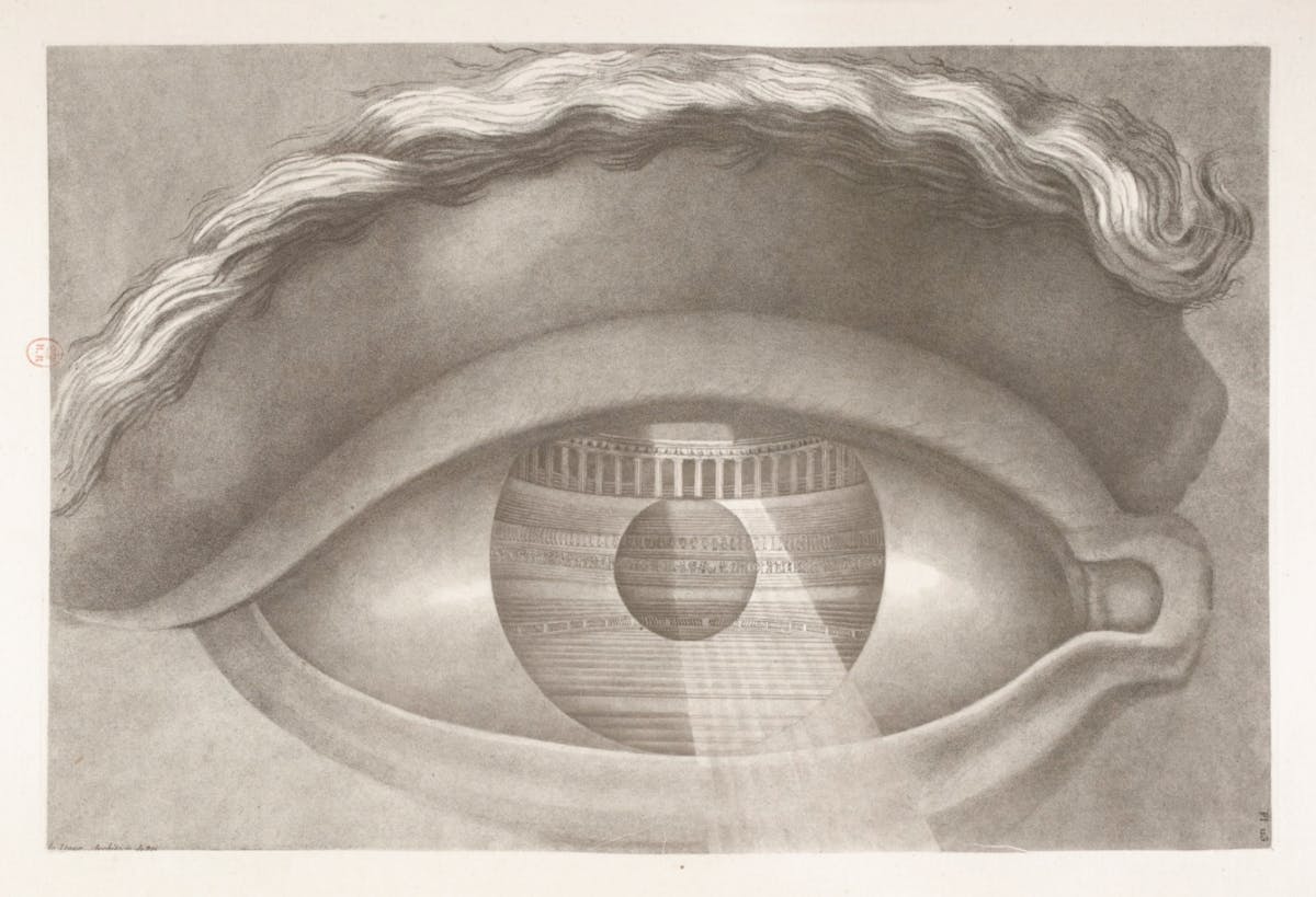 Surreal drawing of a large human eye with architectural details reflected in its pupil, framed by a pronounced brow and detailed eyelid