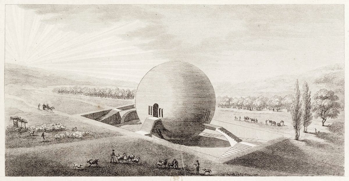 Architectural drawing of a spherical building with grand staircases in a pastoral landscape, where shepherds tend their flocks of sheep in rolling hills