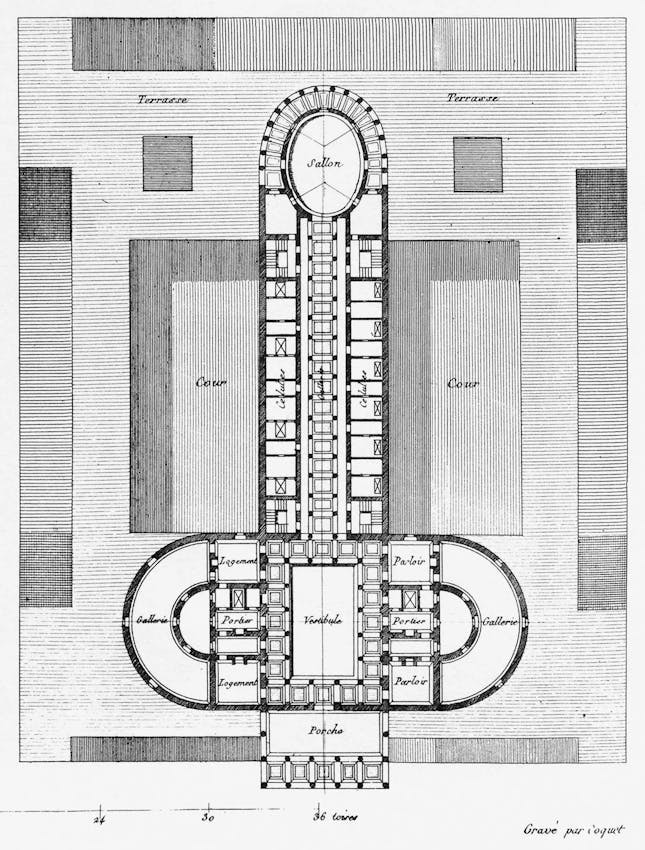 Architectural floor plan showing an oval salon, vestibule, galleries, and symmetrical courtyards, labeled in French with rooms including porche, logement, and parloir