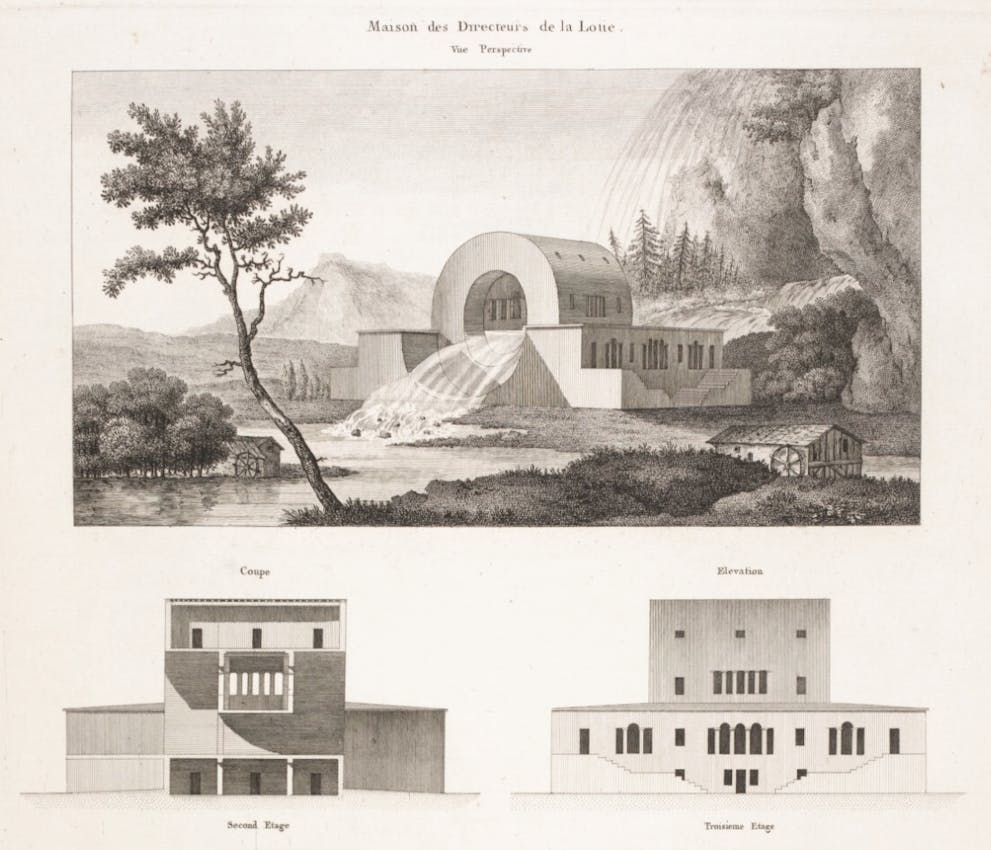 Three architectural views of Maison des Directeurs de la Loire showing a perspective rendering in landscape setting, plus sectional and elevation drawings beneath labeled in French