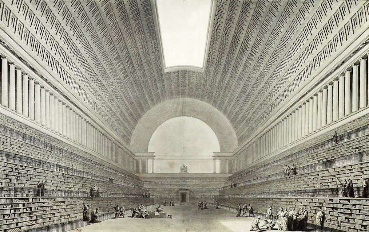 Grand barrel-vaulted library interior with rows of book-filled shelves rising along curved walls, columns supporting the ceiling, and people gathered in the central space