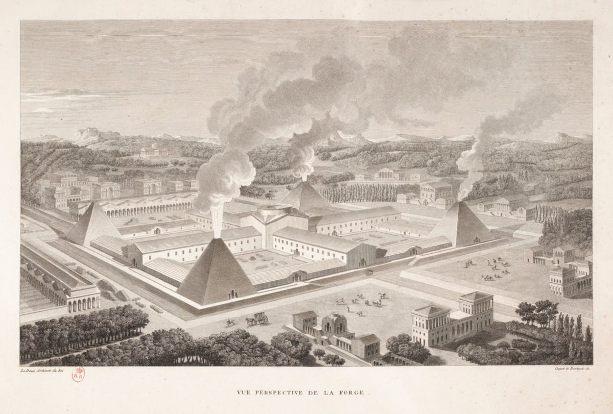 Aerial perspective of a forge complex showing three large pyramid-shaped furnaces emitting smoke, set within a planned development of neoclassical buildings, arcaded structures, and tree-lined avenues across a rolling landscape