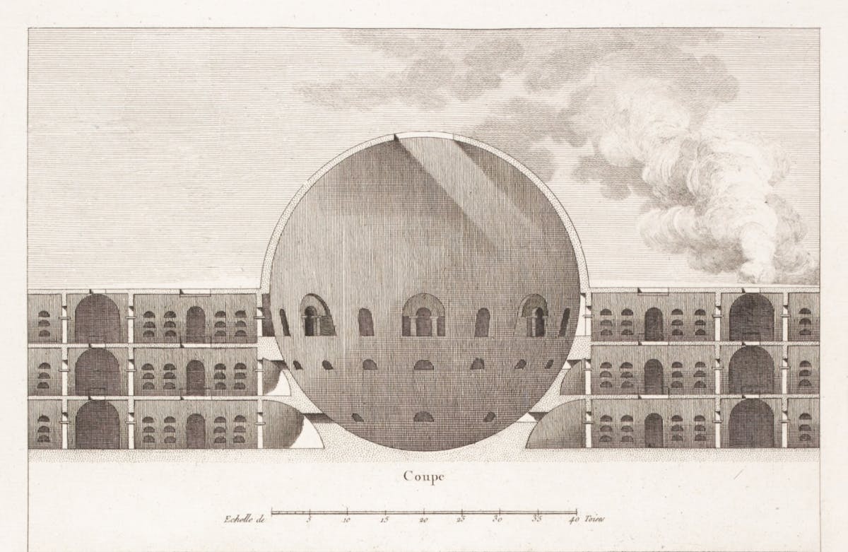 Cross-sectional architectural drawing titled 'Coupe' showing a massive spherical chamber flanked by three-story wings with repetitive arched openings, with scale bar below