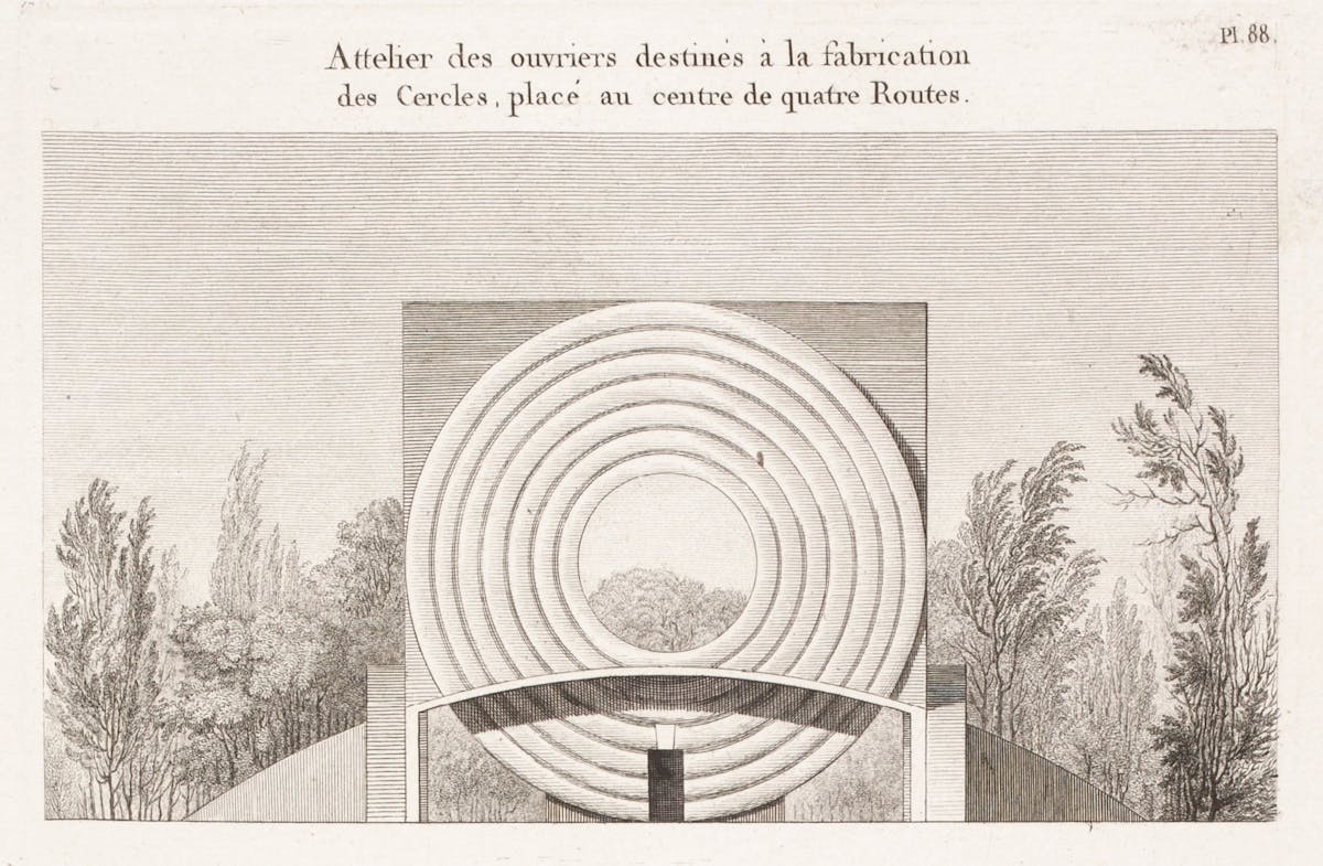 Architectural drawing of a workshop featuring concentric circular rings forming a giant portal, with trees visible through the central opening and flanking the structure