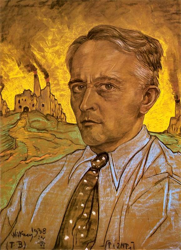 Self-portrait with subject looking at viewer and a landscape with smoking chimneys in the background