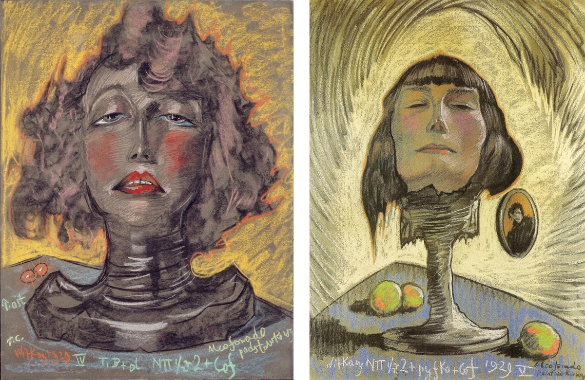Left and right both show a woman’s disembodied head on a stand with heavy, radial strokes dominated by yellow and orange tones