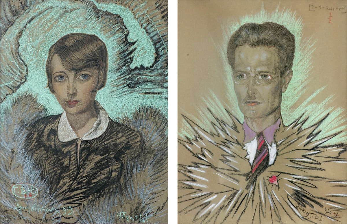 The subject of the portrait on the left emerges from forms suggesting vegetation with waves in the background. The clothing in the portait on the right is highly stylized with spiky shapes. Both portraits are rendered in cooler green and blue tones.
