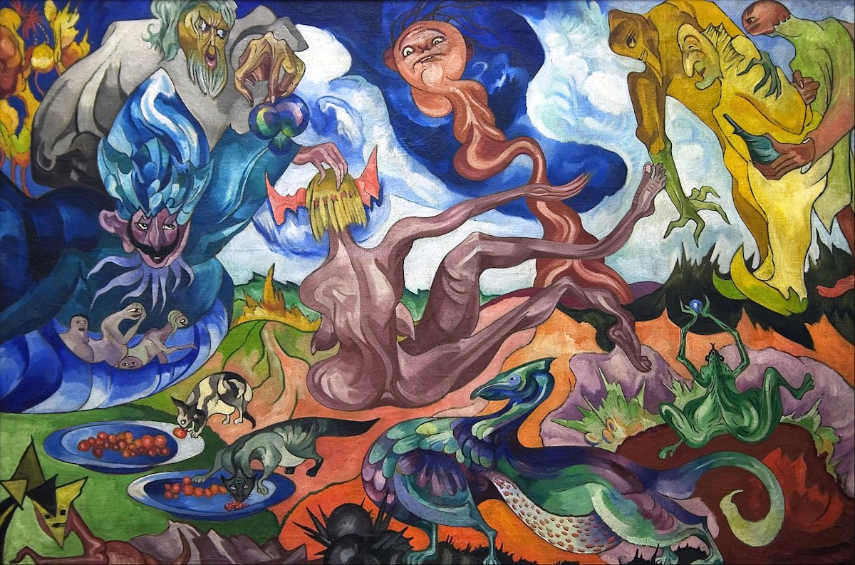 God looms from the clouds over a landscape filled with creatures rendered in billowy, multi-colored forms