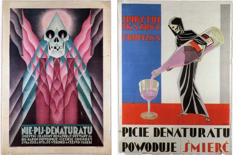 Two art deco posters associate alcohol with skull and skeleton imagery