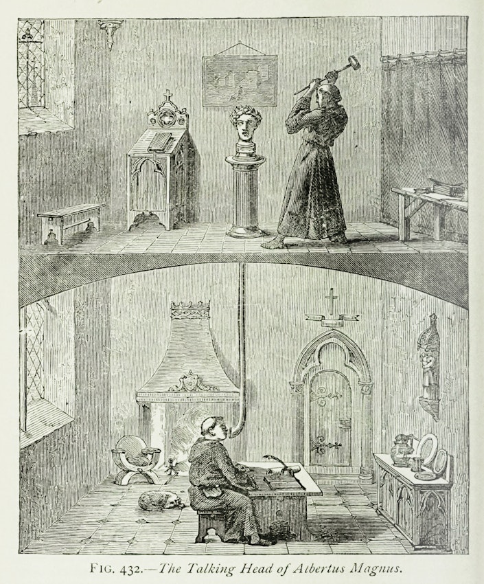 A two-part illustration depicting a man in a long robe working on a bust with a hammer in the upper scene. Below, another man sits at a table, interacting with a small figure, in a room with a fireplace, door, and various items on shelves.