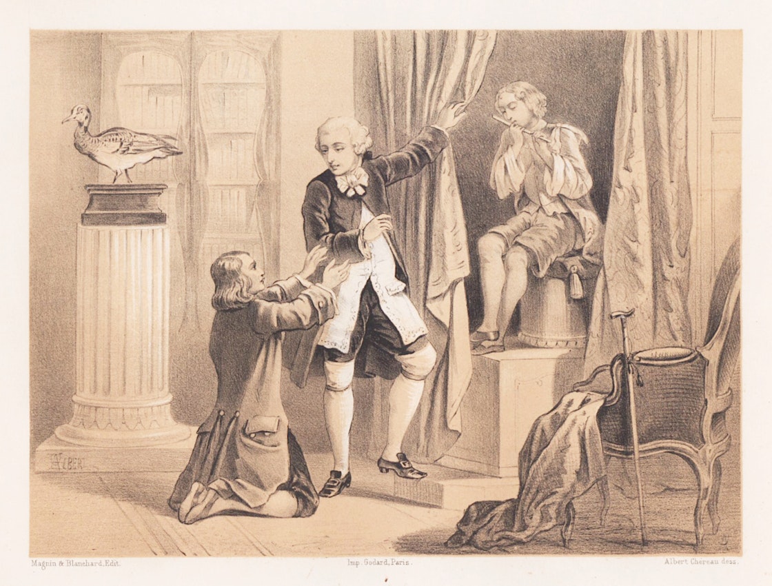 An illustration of a man on his knees reaching out to another man holding a curtain aside to reveal a seated figure playing the flute.