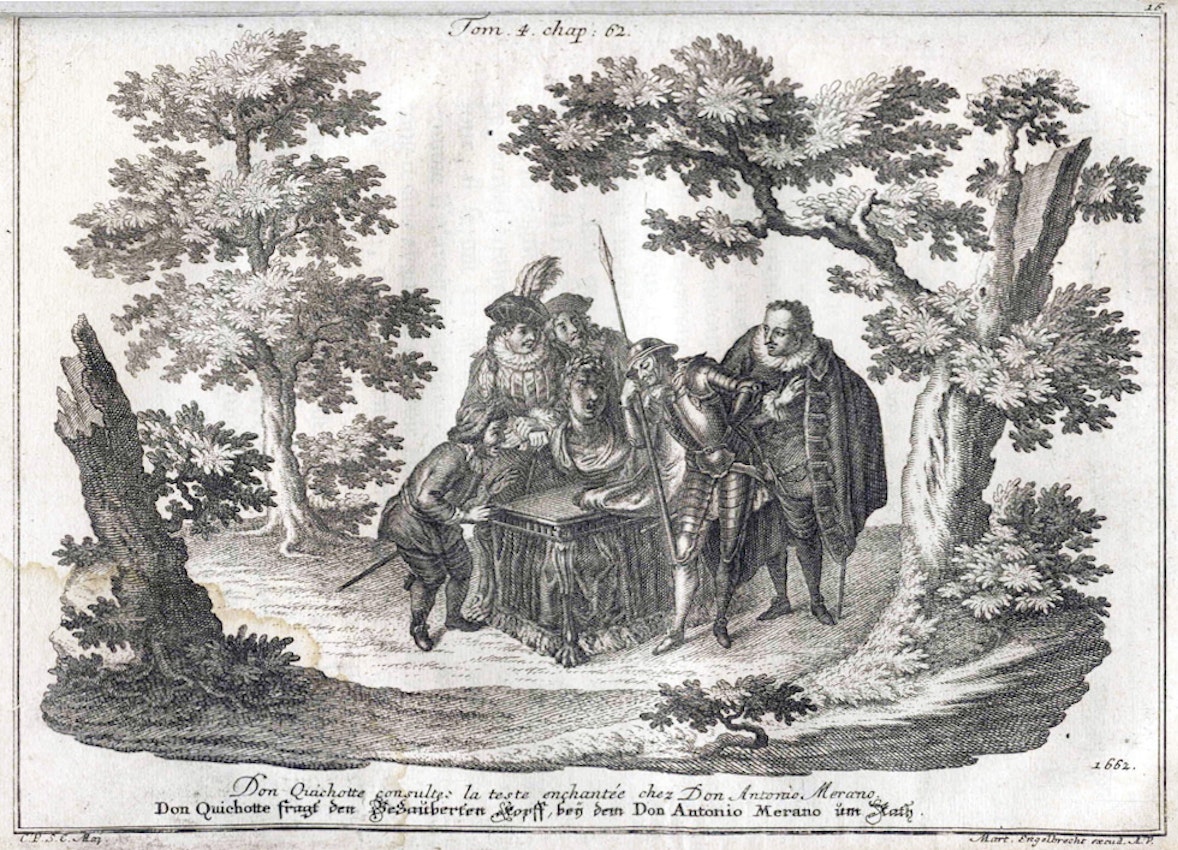 An illustration showing a group of men gathered around a table with a talking head, with trees in the background.