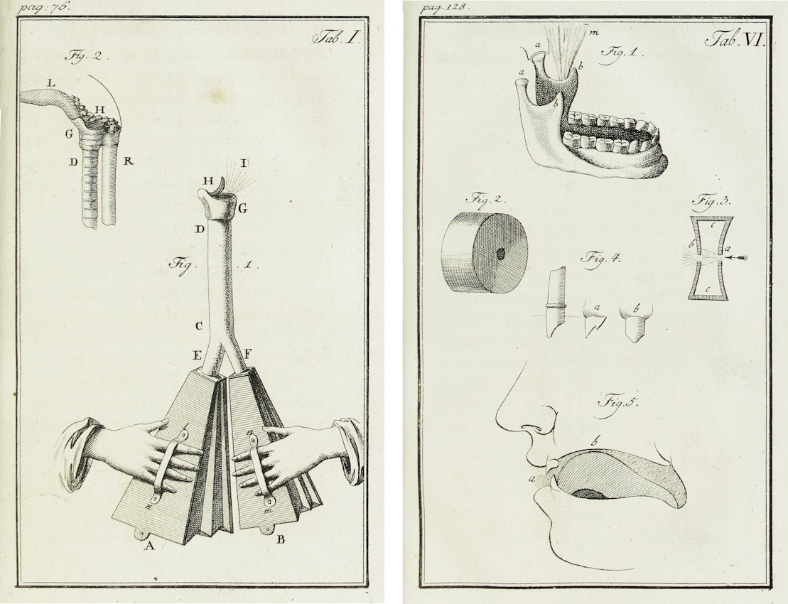 Two technical illustrations, one showing a mechanism with bellows operated by hands and the other depicting anatomical details of the mouth and jaw.