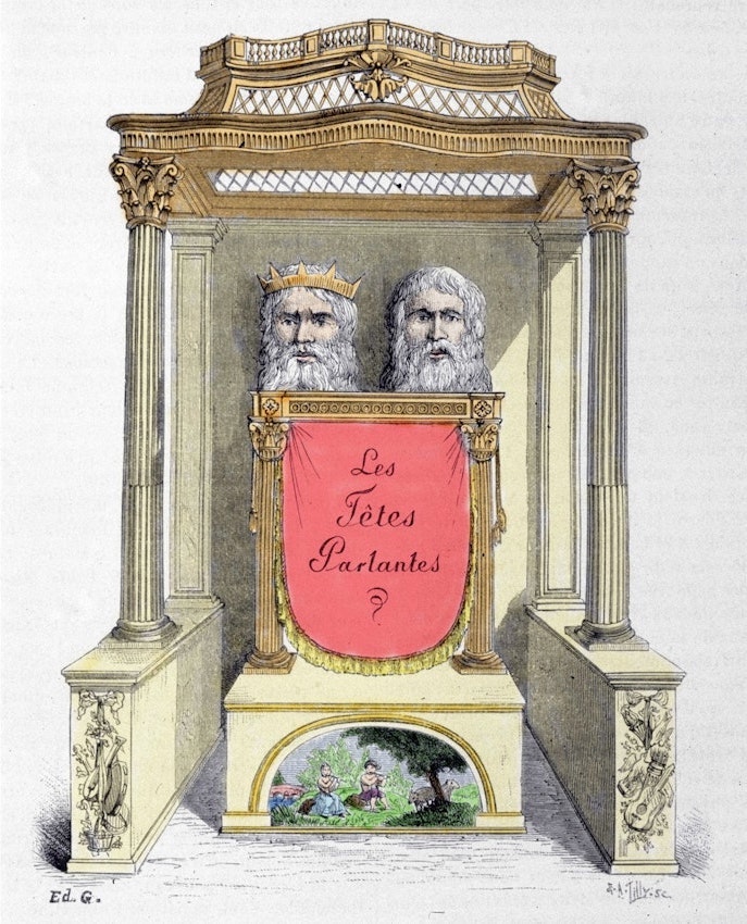 A detailed illustration showing two bearded heads, one with a crown, positioned in a decorative structure with columns and a red banner labeled ‘Les Têtes Parlantes.’ Below the heads, there is a small scene of two people in a garden.