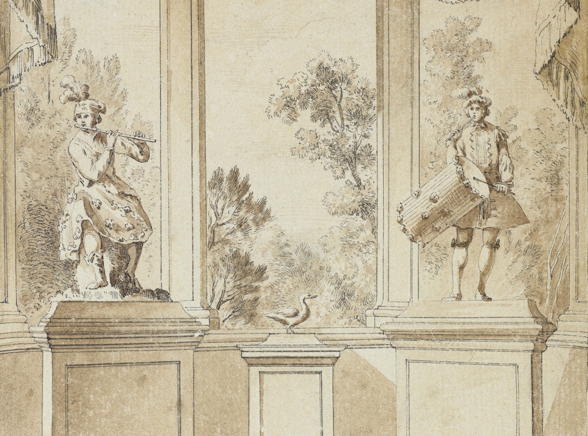 An illustration of two statues on pedestals, one playing a flute and the other holding a drum, framed by columns and draped curtains. A third pedestal displays a duck between them.