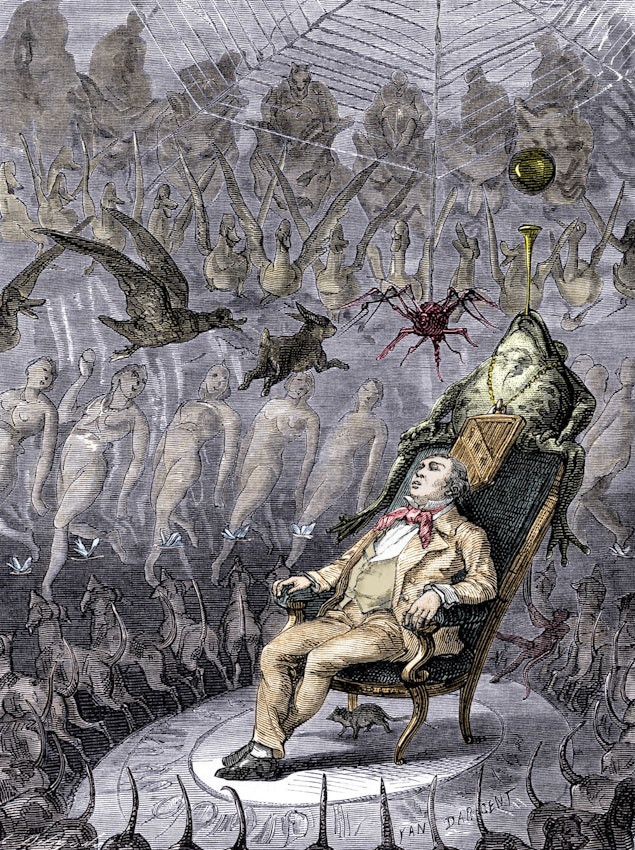 A man in a chair with a phantasmagoria of figures surrounding him