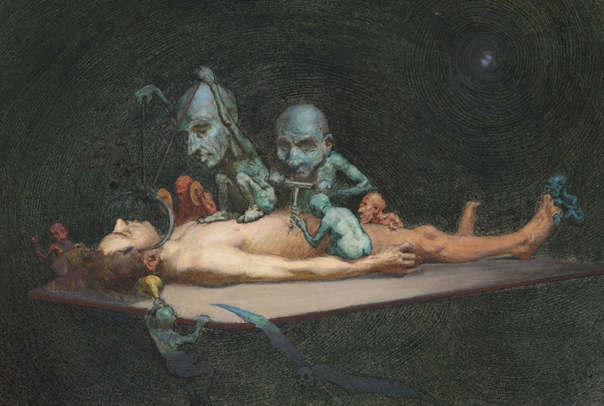 Painting of a reclining human figure surrounded by eerie skeletal creatures, with one injecting the figure's side, against a dark vortex-like background with a white glowing spot