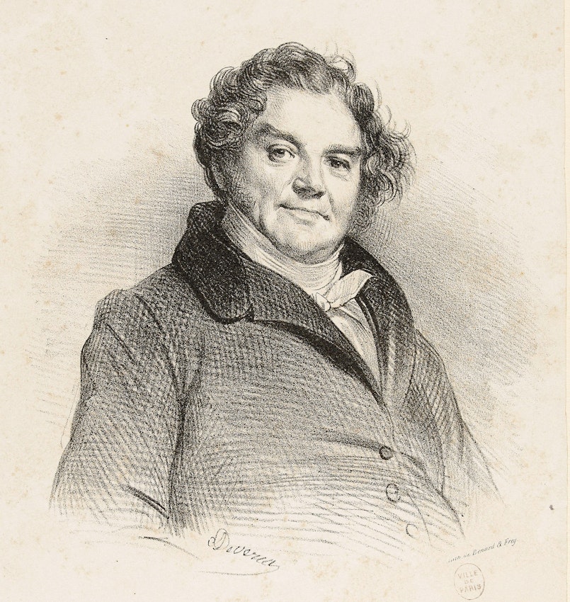 Lithograph portrait of a male figure with curly hair, wearing a coat with a high collar and a cravat, looking directly at the viewer.