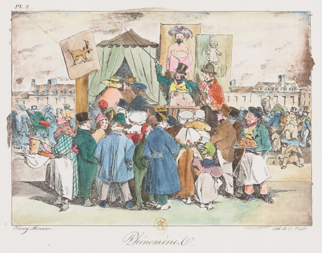 Colourful 19th-century illustration depicting a bustling outdoor show with a crowd of onlookers in period attire. The surrounding architecture suggests a European city square.