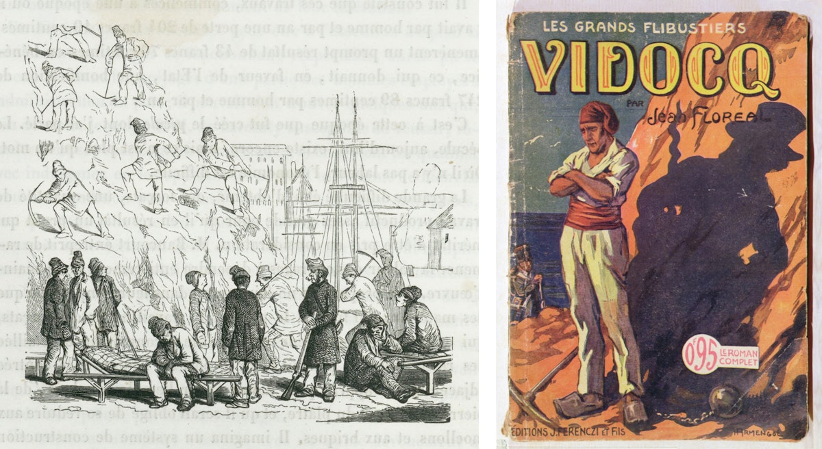 Split image featuring two distinct illustrations. On the left, a black and white sketch shows a group of 19th-century men working on rocky terrain, some climbing and others resting, with a ship in the background. On the right, a colorful vintage book cover for 'Les Grands Flibustiers Vidocq' by Jean Floreal with a man in a red headwrap and sash standing boldly against a rocky backdrop, his shadow looming large behind him.