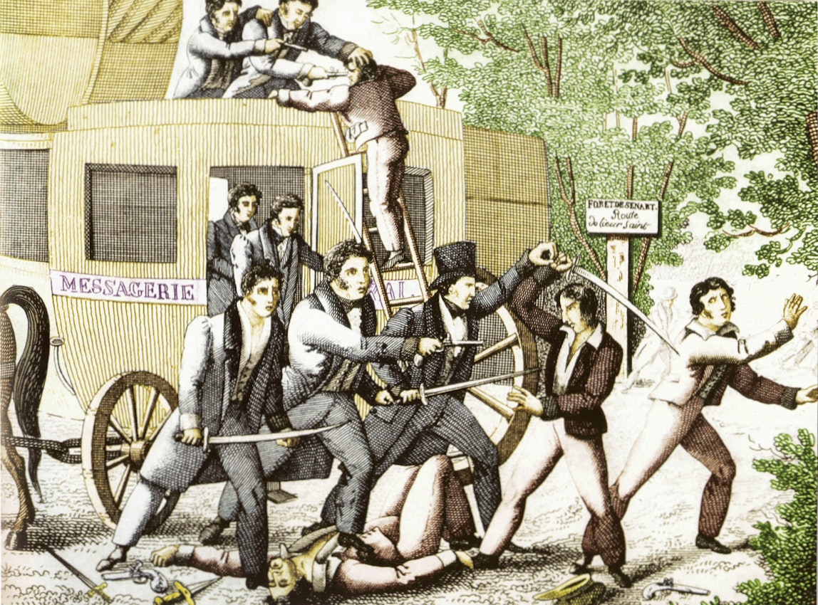 Detailed 19th-century colored print depicting a chaotic scene with men in period attire pushing and pulling around a stagecoach labeled 'Messagerie.' Some men are on the roof, one is struggling to reach them, while others fight with swords on the ground.