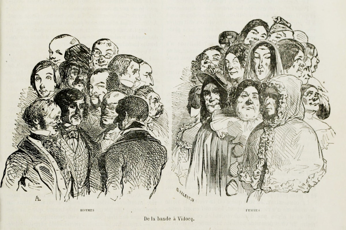 Black and white illustration labeled ‘De la bande à Vidocq,’ contrasting a group of men on the left with a group of women on the right, depicted in a crowded, overlapping style with expressive faces and 19th-century attire.