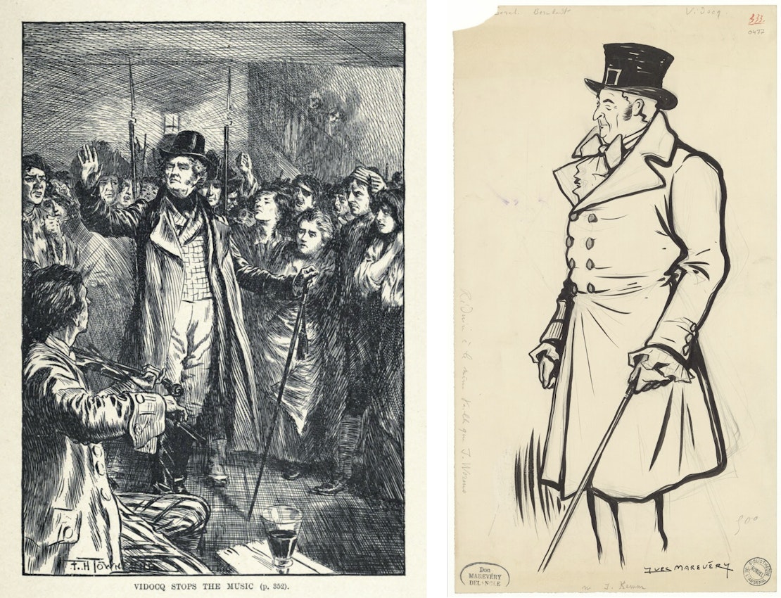 A composite of two illustrations. On the left, a dramatic black and white scene titled ‘Vidocq stops the music’ shows a man commanding attention in a crowded room, halting a violinist. On the right, a stylized ink drawing of a tall, imposing man with a cane and top hat, labeled ‘Les Manoeuvres de Vidocq’ and signed by the artist.