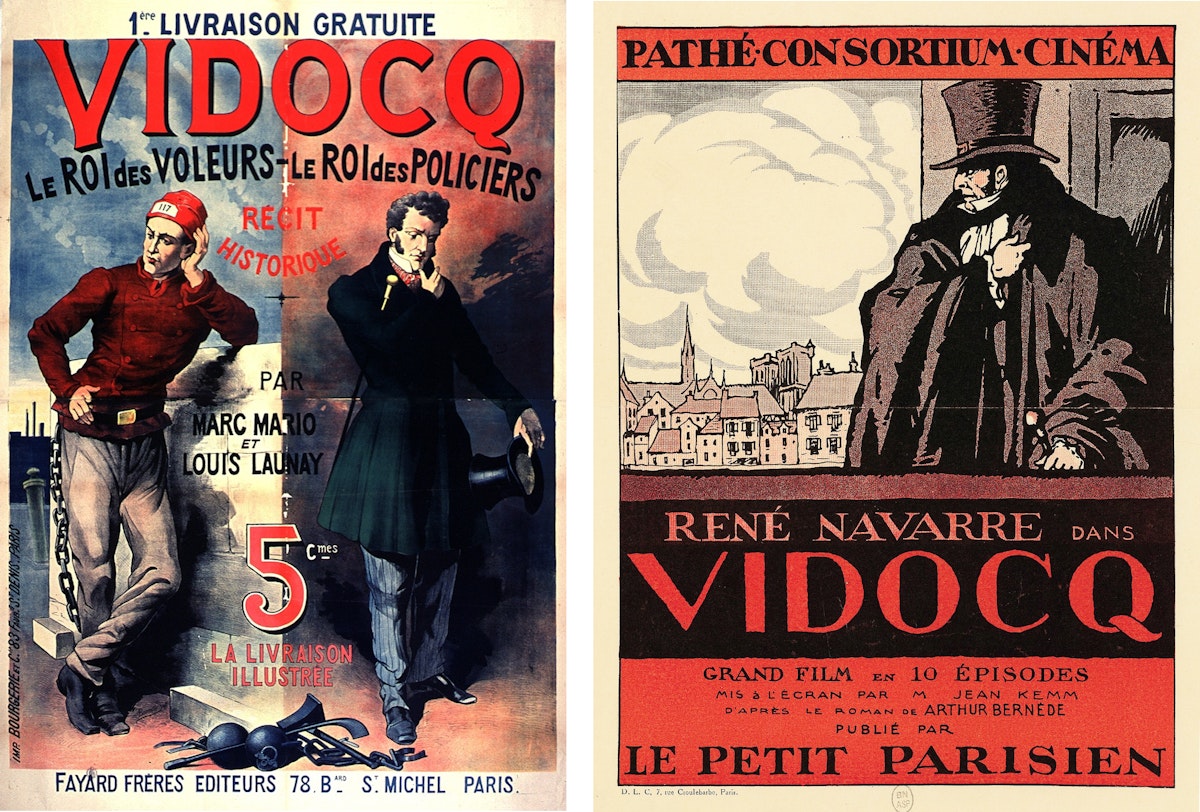 Two French posters side by side. On the left, a colorful illustration for ‘Vidocq, Le Roi des Voleurs, Le Roi des Policiers,’ with two figures, one in red, the other in a dark coat. On the right, a stark graphic poster for ‘René Navarre dans Vidocq’ in silhouette, featuring an imposing figure with a cityscape in the background.
