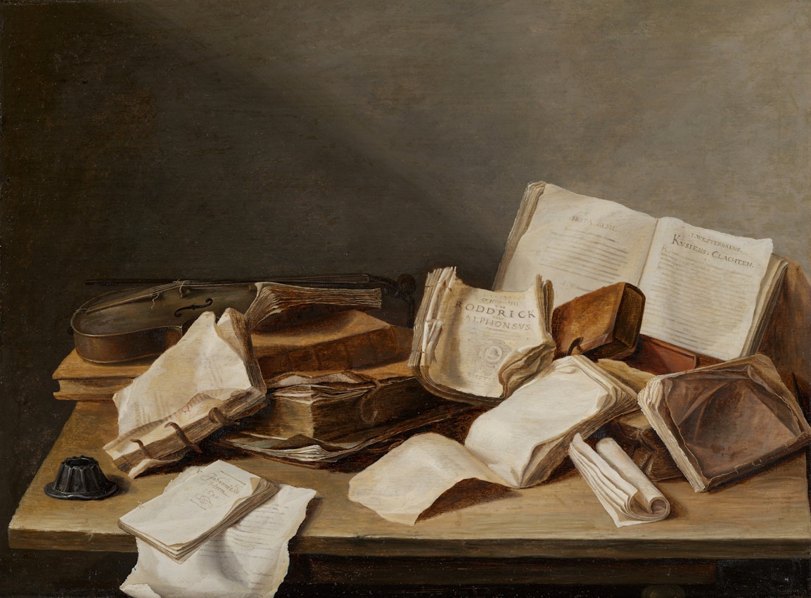 A painting of books and manuscripts on a desk