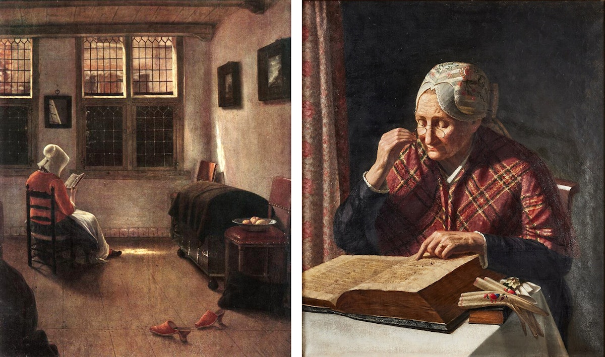 Women reading alone in half-lit rooms