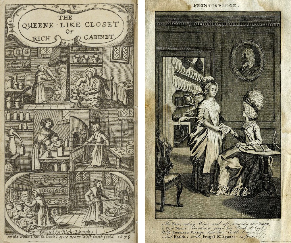 Images of women cooking and reading near kitchens