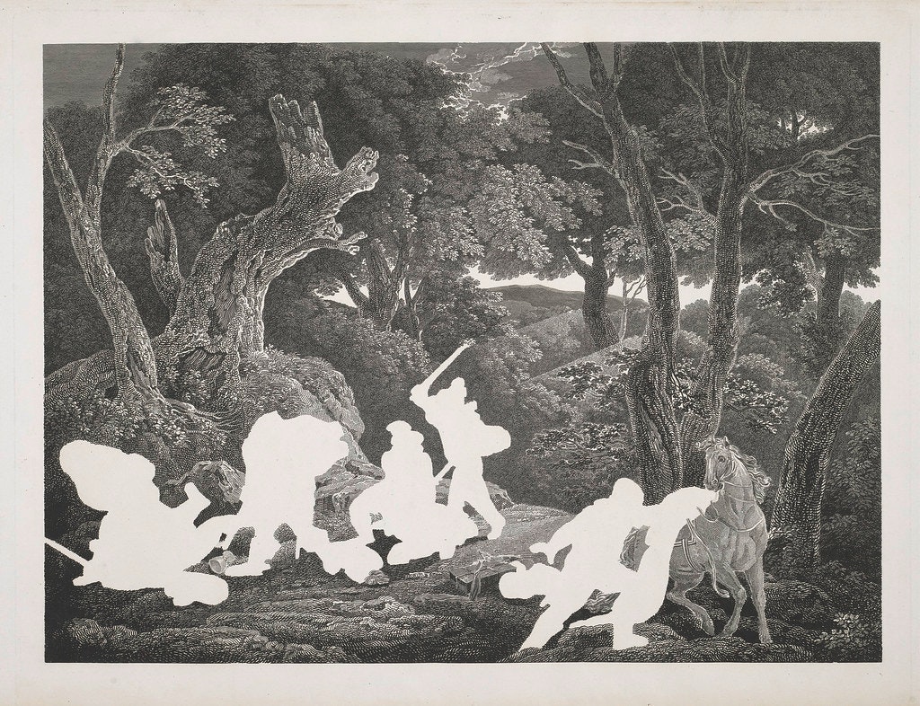 An image of a battle in the woods, but the figures have been seemingly cut out