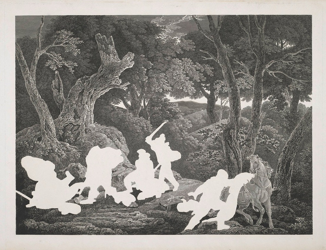 An image of a battle in the woods, but the figures have been seemingly cut out