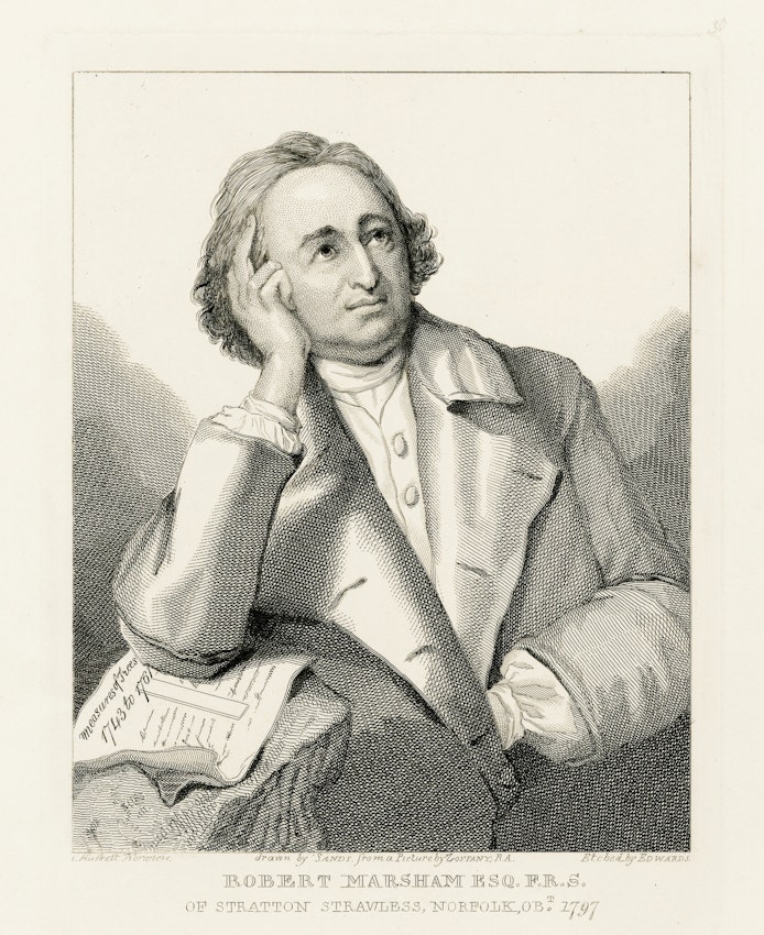 Engraved portrait of Robert Marsham, Esq., F.R.S., depicting him seated with his hand to his head, papers on his lap, dated 1797, indicating his thoughtful demeanor.