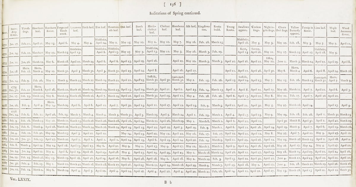 A continuation of a comprehensive chart details the recurring emergence of springtime indicators like plant blooming and bird activity, recorded methodically across various regions and years, showcasing patterns of early naturalists’ observations.